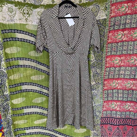 NWT Mango Mondrian Black and Tan Satin Bias Striped Midi Dress 6 - Picture 2 of 15